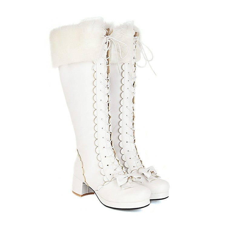Woman Fur Bow High Heels Knee High Snow Boots