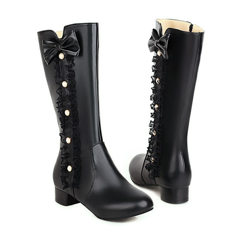 Woman Pearl Lace Low Heels Knee High Boots