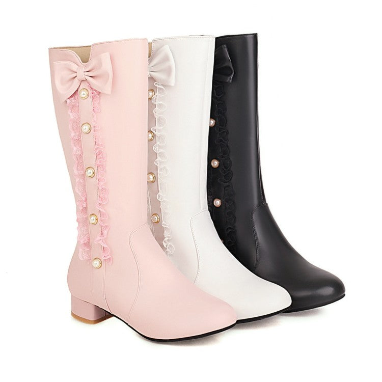 Woman Pearl Lace Low Heels Knee High Boots