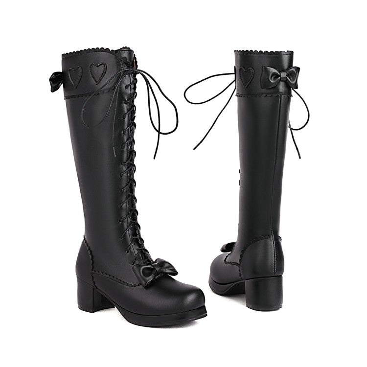 Woman Lace Up Bowtie High Heels Knee High Boots