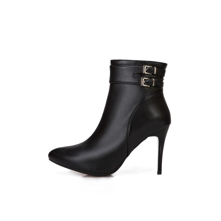 Pointed Toe Buckle Woman High Heel Short Boots