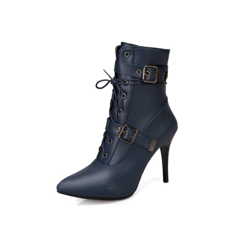 Pointed Toe Buckle Lace Up Woman High Heel Short Boots