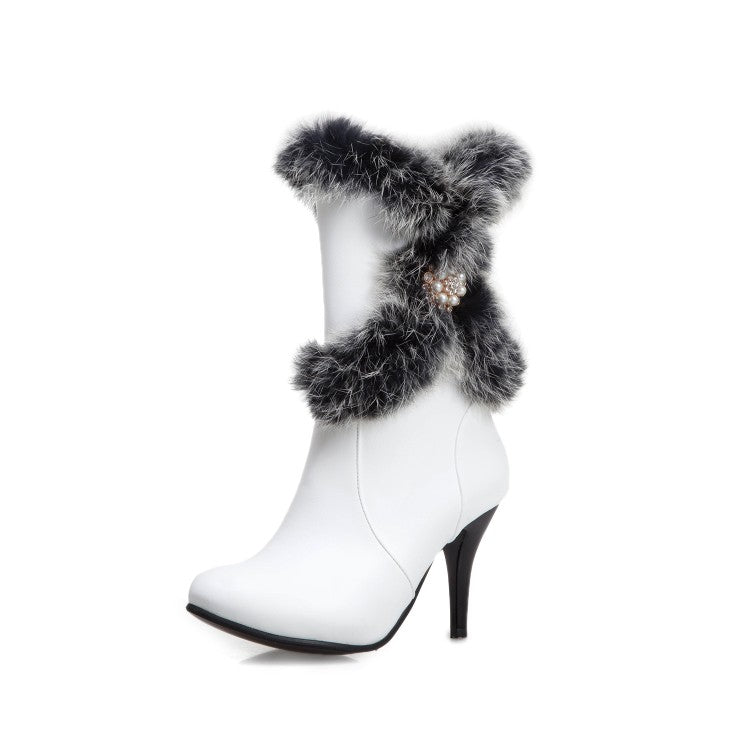 Woman Rabbit Fur High Heel Short Boots