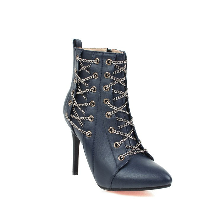 Woman Pointed Toe Chain High Heel Short Boots