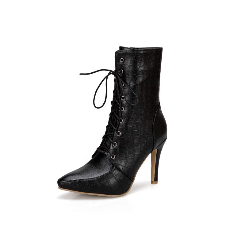 Woman Pointed Toe Lace Up High Heel Short Boots