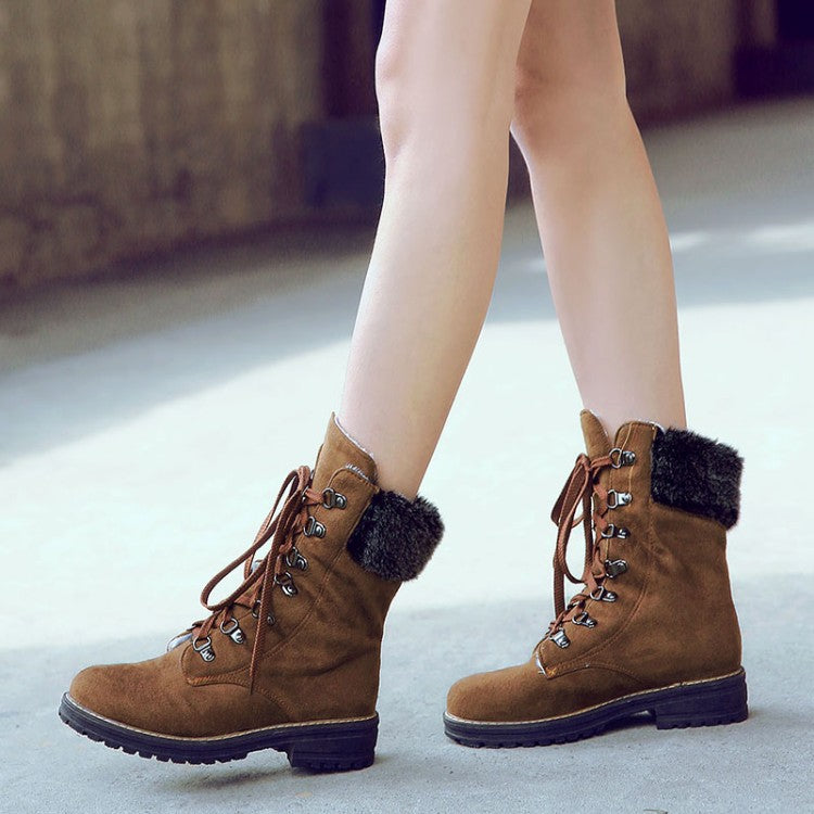 Woman Lace Up Low Heels Short Boots