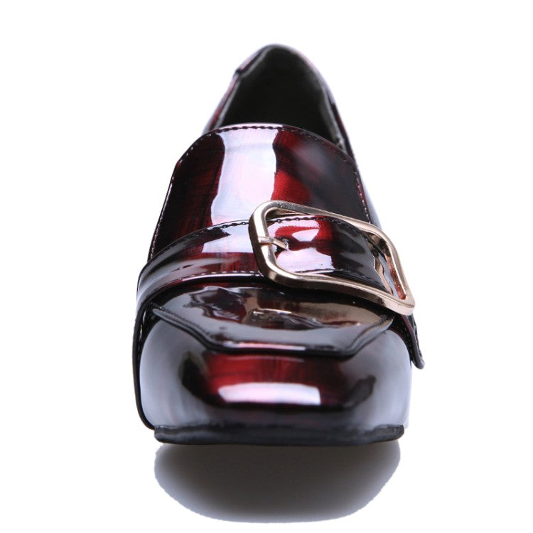 Woman Patent Leather Buckle Chunky Heel Pumps