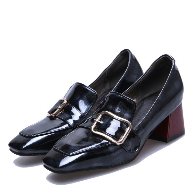 Woman Patent Leather Buckle Chunky Heel Pumps