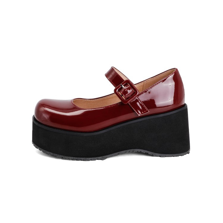 Woman Patent Leather Mary Jane Platform Wedge Heels Shoes