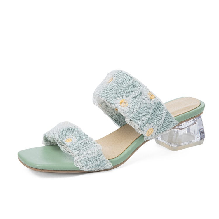 Woman Square Toe Lace Crystal Medium Heel Block Heel Slides Sandals