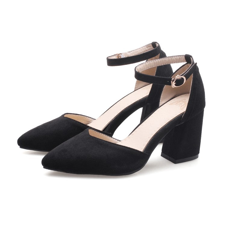Woman Suede Fabric Pointed Toe Ankle Strap Block Heel Sandals