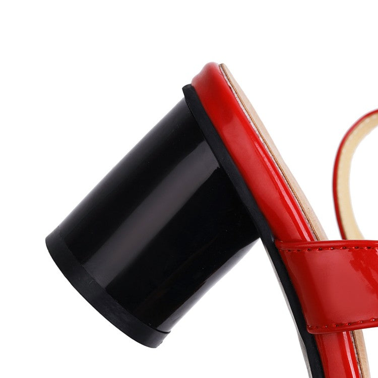 Woman Square Toe Patent Leather Block Heels Sandals