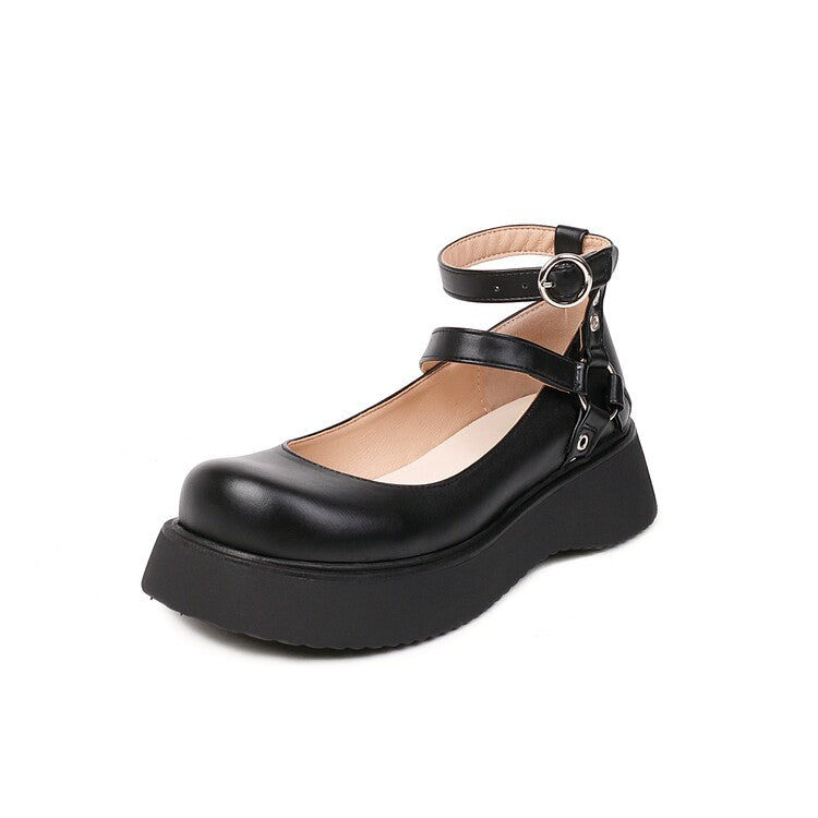 Women Lolita Round Toe Double Ankle Strap Buckle Platform Flats Shoes