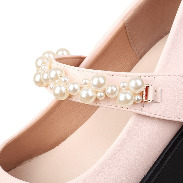 Women Lolita Color Block Round Toe Pearls Beading Ankle Strap Platform Flats
