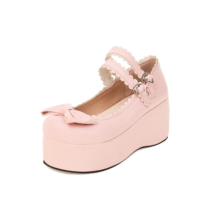 Women Butterfly Knot Round Toe Double Ankle Strap Platform Flats