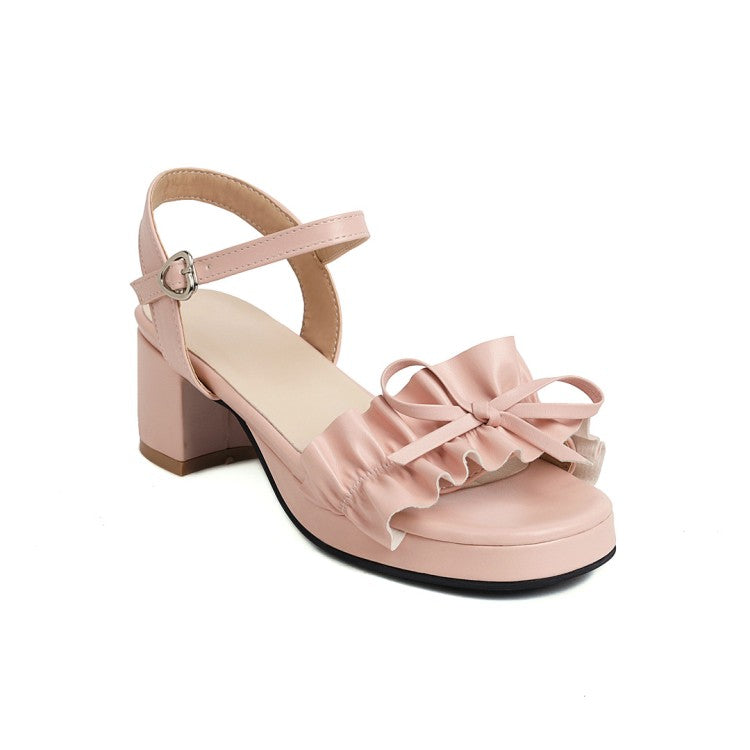 Women Square Toe Pleated Butterfly Knot Ankle Strap Low Block Heels Platform Sandals