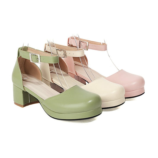 Women Solid Color Round Toe Hollow Out Ankle Strap Low Block Heels Sandals