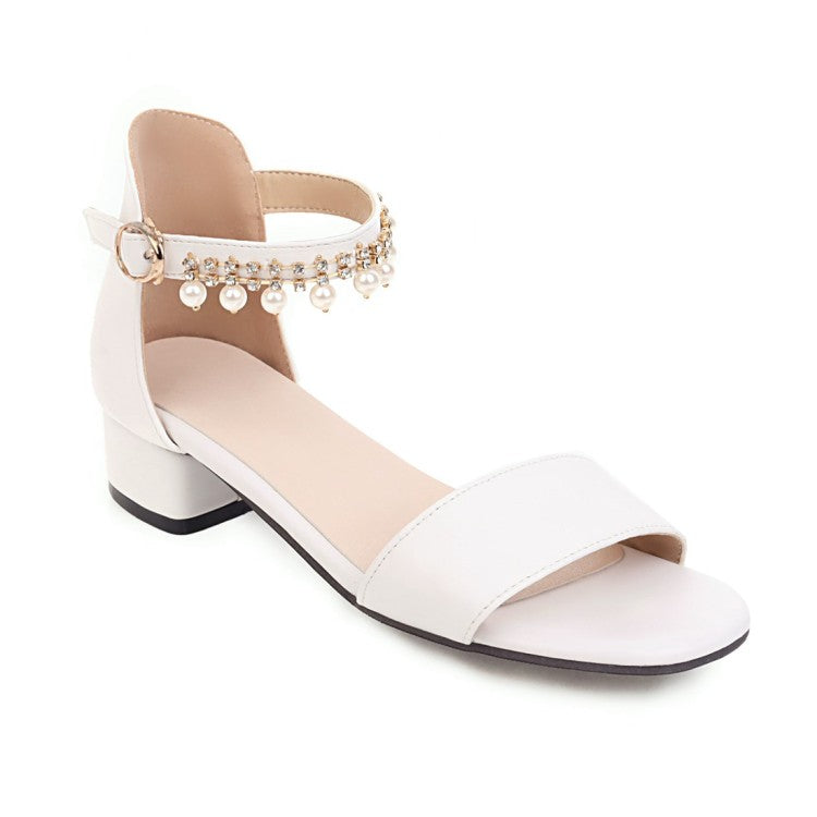 Women Solid Color Ankle Strap Pearls Hollow Out Block Heel Low Heels Sandals