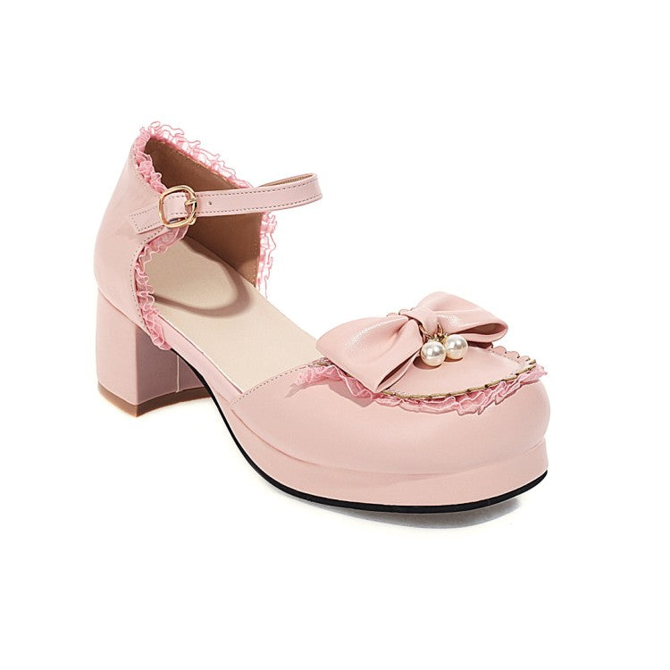 Women Lolita Round Toe Hollow Out Ankle Strap Block Heel Low Heels Sandals