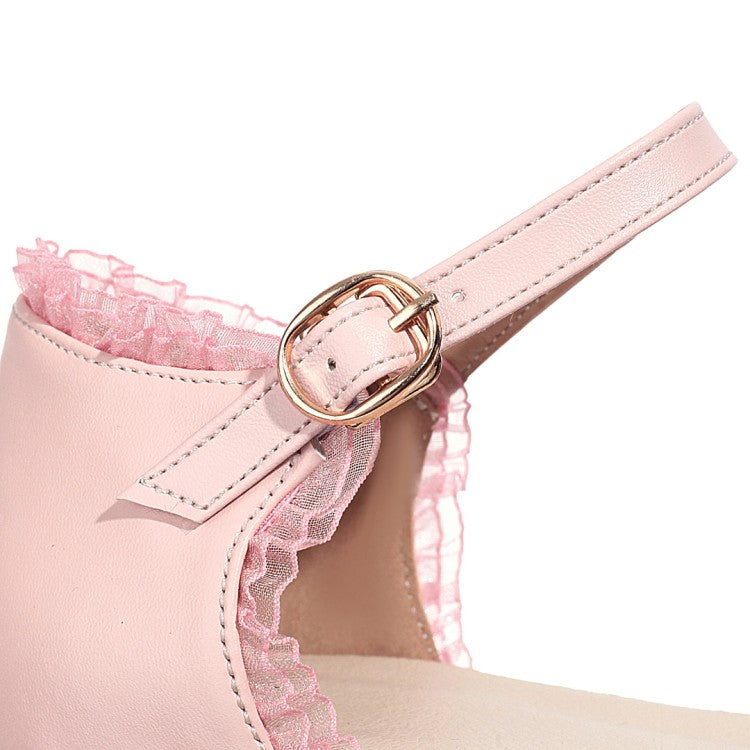 Women Lolita Round Toe Hollow Out Ankle Strap Block Heel Low Heels Sandals