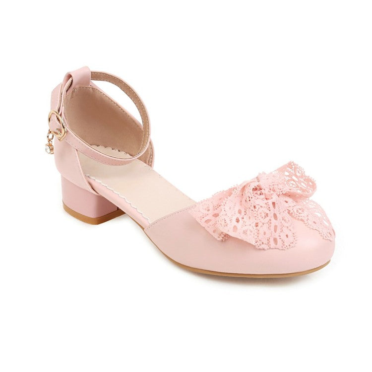 Women Solid Color Round Toe Lace Butterfly Knot Ankle Strap Block Heel Low Heels Sandals