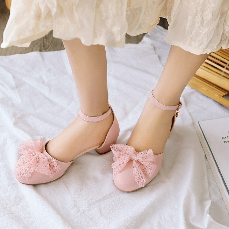 Women Solid Color Round Toe Lace Butterfly Knot Ankle Strap Block Heel Low Heels Sandals