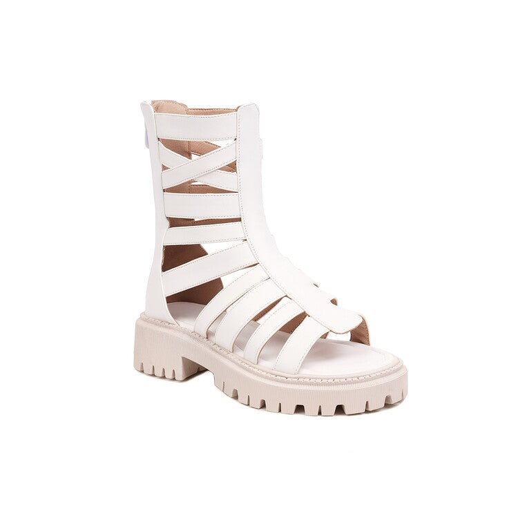 Women Solid Color Hollow Out Low Block Heels Gladiator Sandals