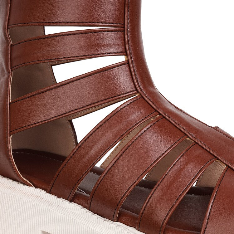 Women Solid Color Hollow Out Low Block Heels Gladiator Sandals