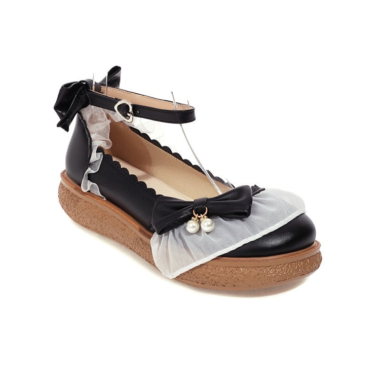 Women Lolita Round Toe Lace Butterfly Knot Ankle Strap Flat Shoes