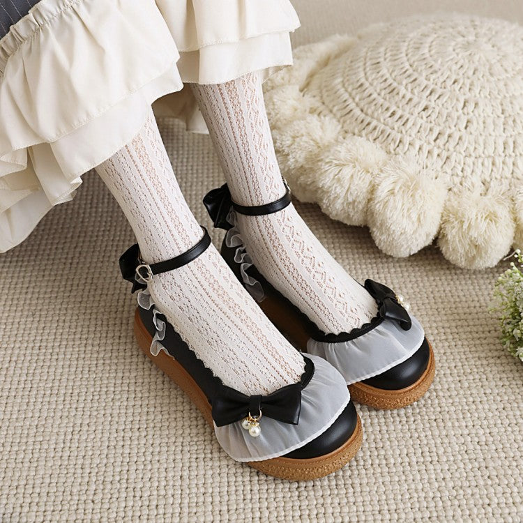 Women Lolita Round Toe Lace Butterfly Knot Ankle Strap Flat Shoes