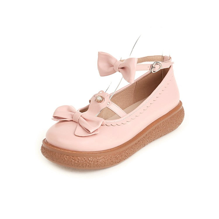 Women Lolita Round Toe Ankle Strap Butterfly Knot Bowtie Flat Shoes