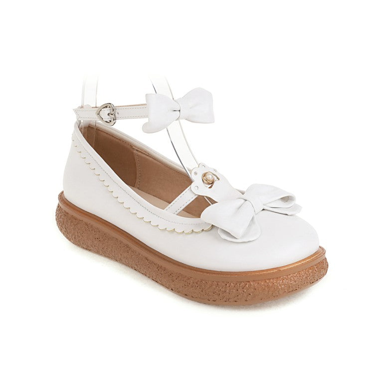 Women Lolita Round Toe Ankle Strap Butterfly Knot Bowtie Flat Shoes