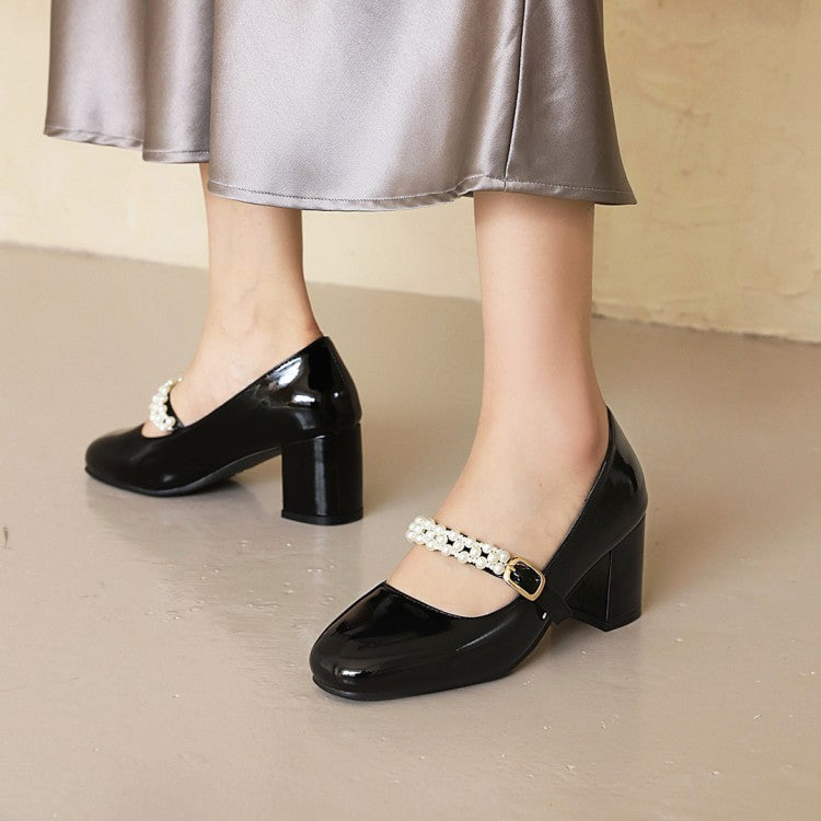 Women Pumps Glossy Round Toe Pearls Beading Belts Block Heel Mary Jane Shoes