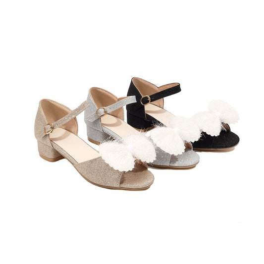 Women Bling Bling Solid Color Fur Butterfly Knot Hollow Out Ankle Strap Block Heel Sandals