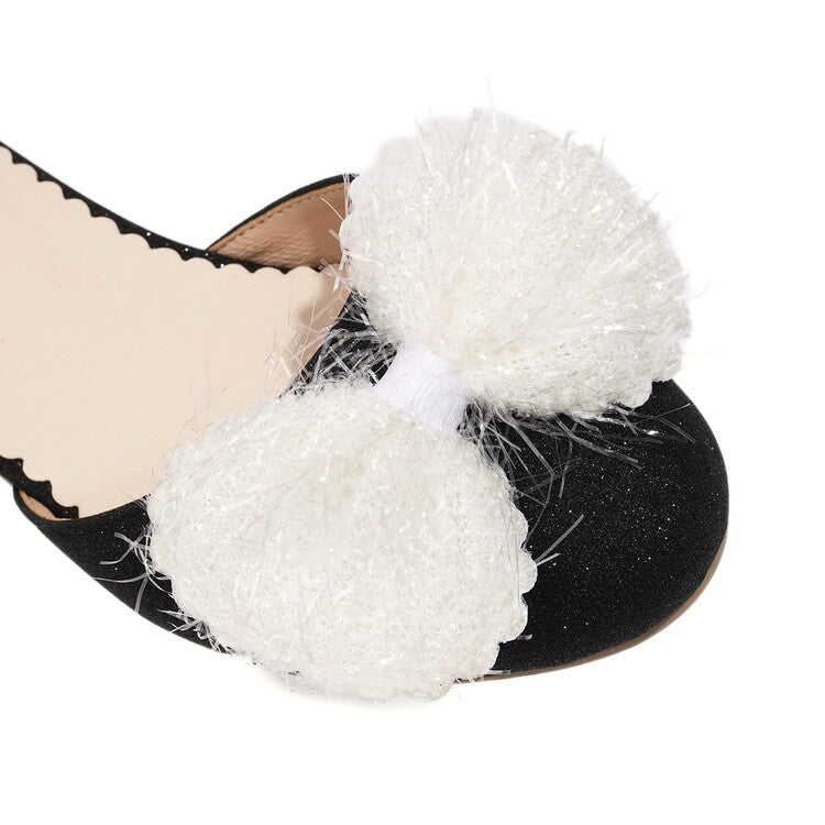 Women Bling Bling Round Toe Fur Butterfly Knot Hollow Out Ankle Strap Block Heel Sandals