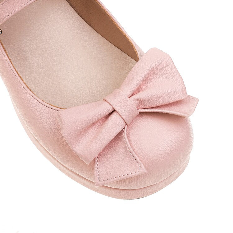 Women Pumps Lolita Solid Color Round Toe Butterfly Knot Block Heel Shoes