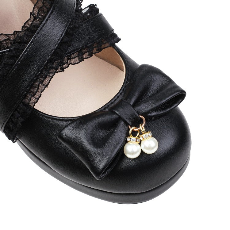 Women Pumps Lolita Solid Color Round Toe Butterfly Knot Cross Lace Block Heel Shoes
