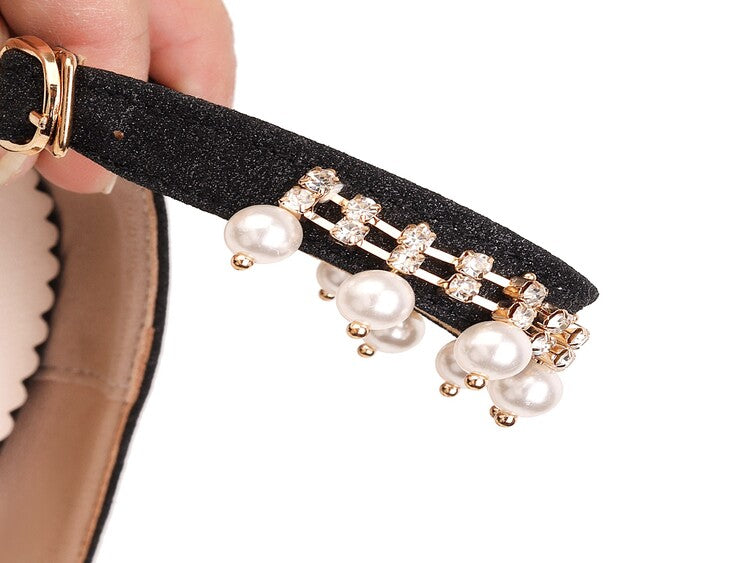 Women Pumps Bling Bling Round Toe Pearls Ankle Strap Block Heel Shoes