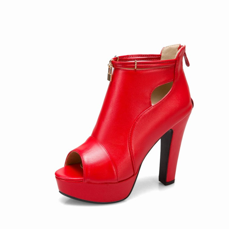 Women Solid Color Peep Toe Hollow Out Platform Chunky Heel Sandals