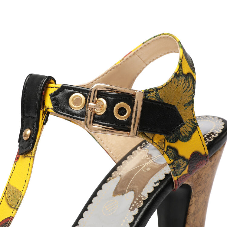 Women Colorful Buckle T Ankle Strap Platform Chunky Heel Sandals