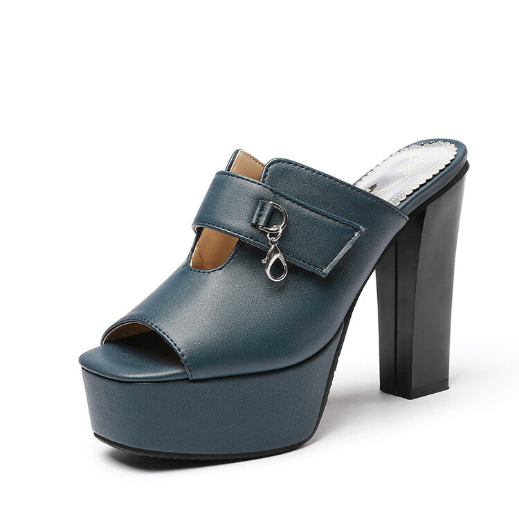 Women Solid Color Peep Toe Mules Platform Chunky Heel Sandals