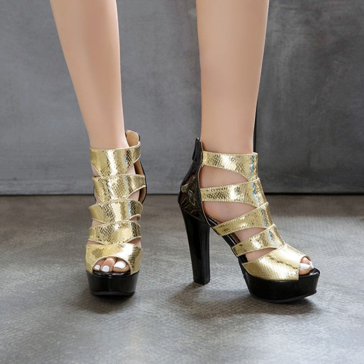 Women Glossy Snake Print Peep Toe Hollow Out Chunky Heel Platform Gladiator Sandals