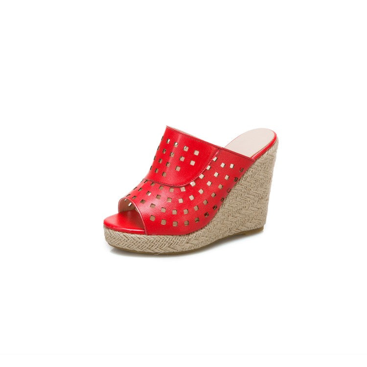 Women Solid Color Hollow Out Woven Wedge Heel Platform Sandals