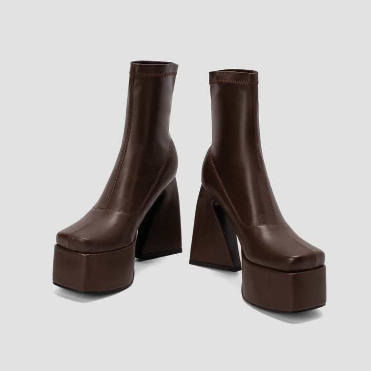 Women Pu Leather Square Toe Chunky Heel Platform Short Boots