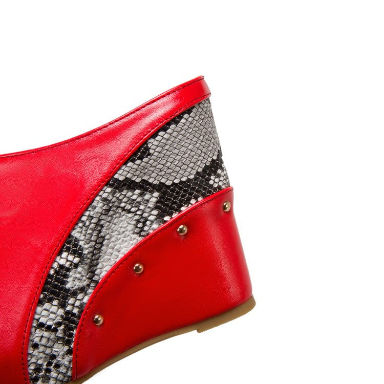 Women Solid Color Peep Toe Print Rivets Wedge Heel Platform Sandals