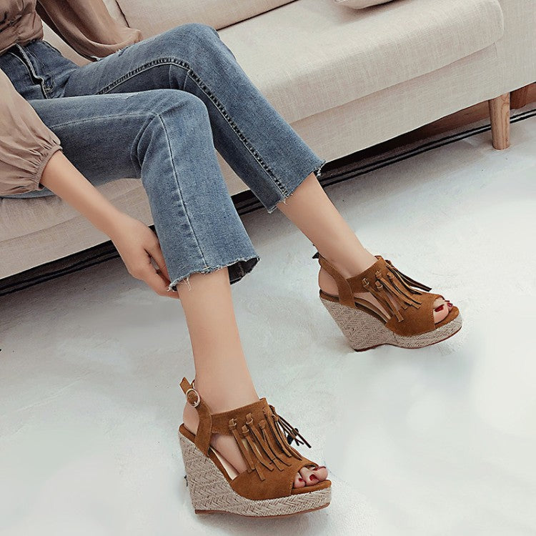 Women Solid Color Suede Peep Toe Tassel Woven Wedge Heel Platform Sandals