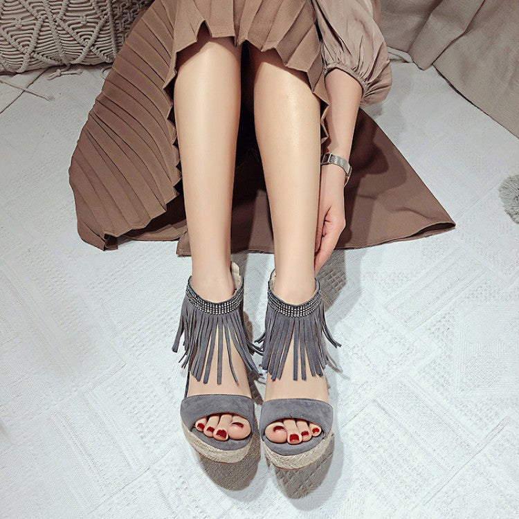 Women Rhinestone Ankle Strap Tassel Woven Wedge Heel Platform Sandals