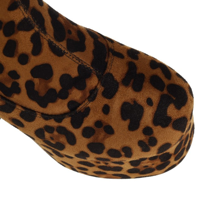 Woman Leopard Print Round Toe Stitching Block Heel Platform Knee High Boots