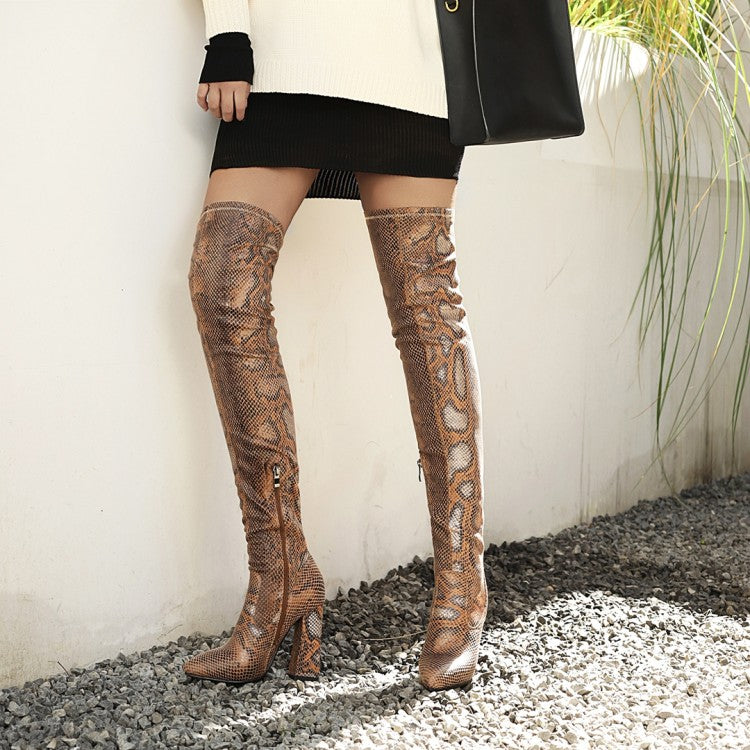 Woman Snake Pattern Pointed Toe Side Zippers Block Heel Over the Knee High Boots