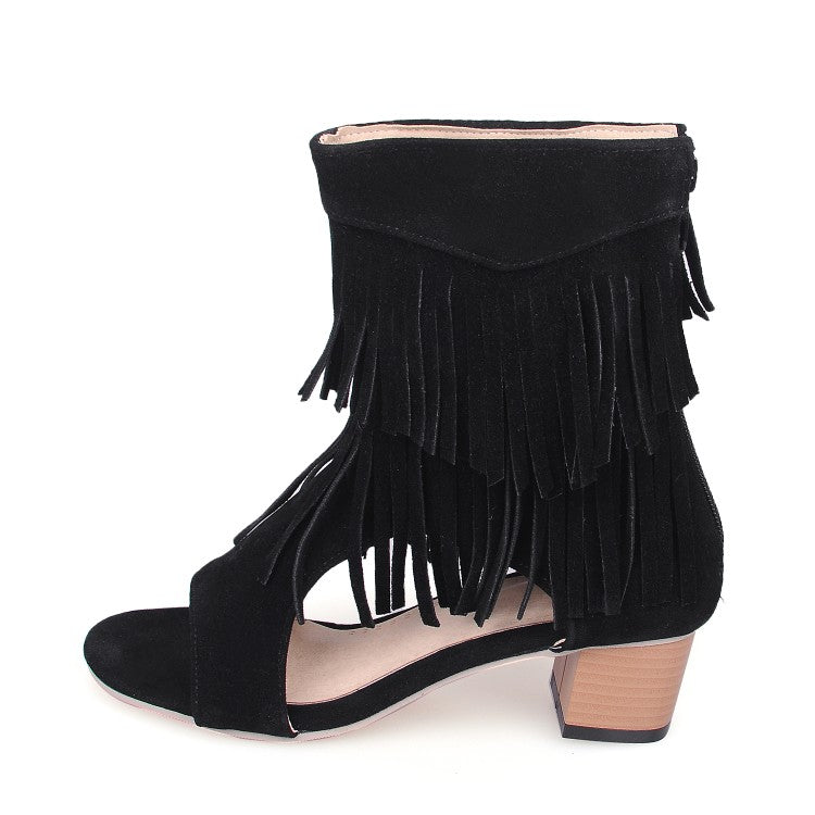 Women Solid Color Suede Tassel Round Toe Hollow Out Block Heel Sandals